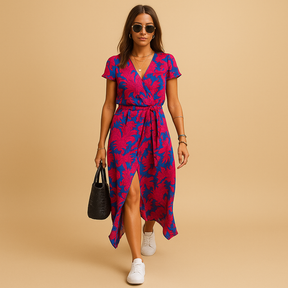 Elegante dames zomerjurk met A-lijn pasvorm, pofmouwen en knoopdetails – ideaal voor casual en stijlvolle zomerdagen