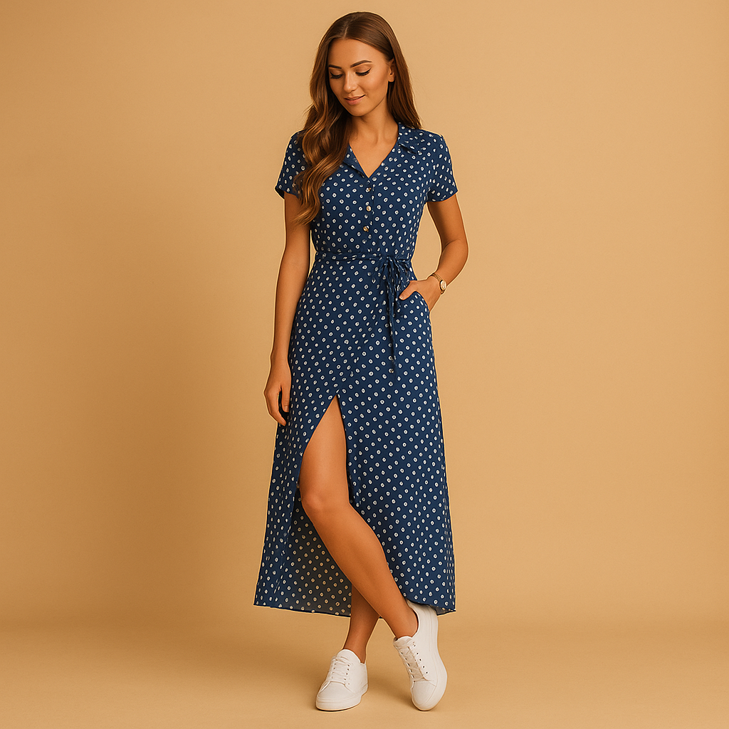 Elegante dames zomerjurk met A-lijn pasvorm, pofmouwen en knoopdetails – ideaal voor casual en stijlvolle zomerdagen