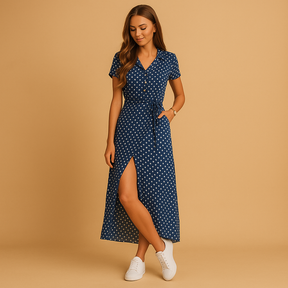 Elegante dames zomerjurk met A-lijn pasvorm, pofmouwen en knoopdetails – ideaal voor casual en stijlvolle zomerdagen