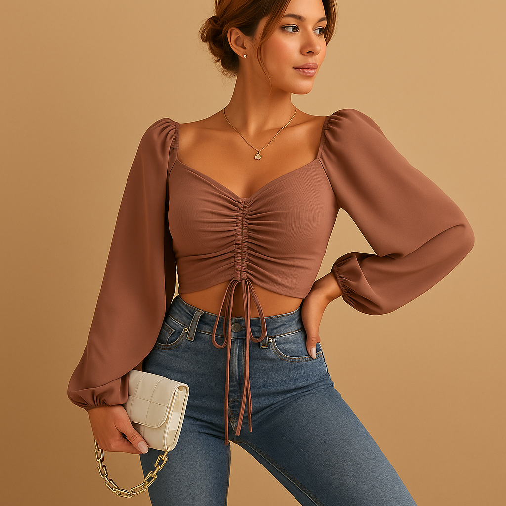 Aansluitende blouse voor dames met zoethart halslijn en koorddetail, elegant, ademend en ideaal voor casual of feestelijke gelegenheden.