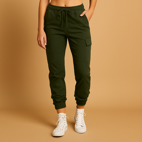 Dames cargobroek met hoge taille en slanke pasvorm, stretchmateriaal en cargozakken. Perfect voor dagelijks gebruik en casual outfits.