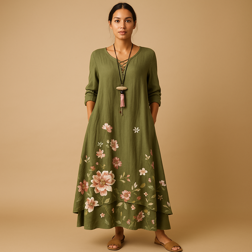 Ademend katoenen A-lijn jurk voor dames in duurzaam materiaal met flatterende pasvorm, geschikt voor elk seizoen en elke gelegenheid.