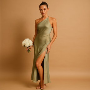 Elegante asymmetrische damesjurk met split, nauwsluitende pasvorm en luxe uitstraling – ideaal voor formele gelegenheden en avondfeesten