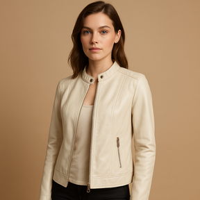 Stijlvolle dames bikerjas met symmetrische rits, reverskraag en metalen details, ideaal voor casual outfits en avondlooks.