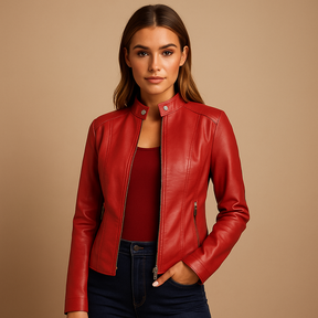 Bikerjas voor dames met symmetrische ritssluiting, drukknoopkraag en zilveren details, perfect voor casual en elegante outfits in herfst en lente.
