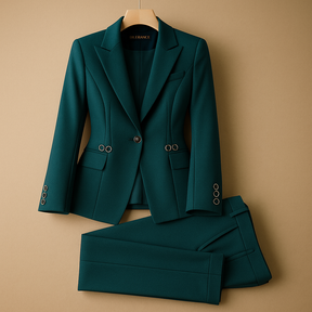 Dames blazer set met broek in elegante pasvorm, geschikt voor werk en formele gelegenheden.