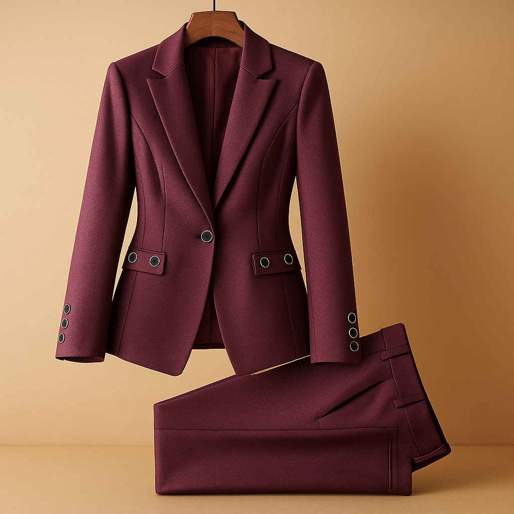 Dames blazer set met broek in elegante pasvorm, geschikt voor werk en formele gelegenheden.
