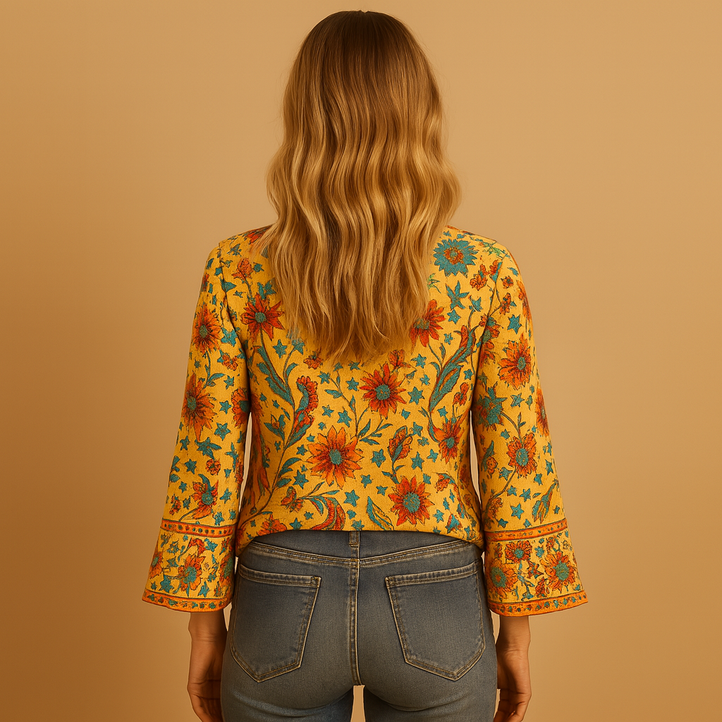 Dames blouse met bloemenprint, uitlopende mouwen en opstaande kraag, perfect voor een luchtige en stijlvolle lente- of zomerlook.