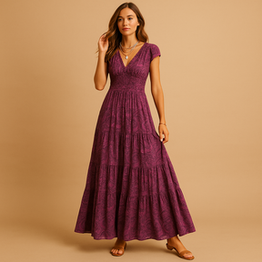 Elegante dames maxi-jurk met bloemenprint en rucheskraag, ideaal voor feestjes, etentjes of een stijlvolle daglook