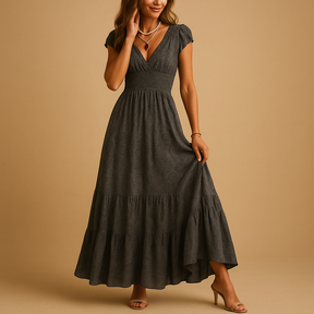 Elegante dames maxi-jurk met bloemenprint en rucheskraag, ideaal voor feestjes, etentjes of een stijlvolle daglook