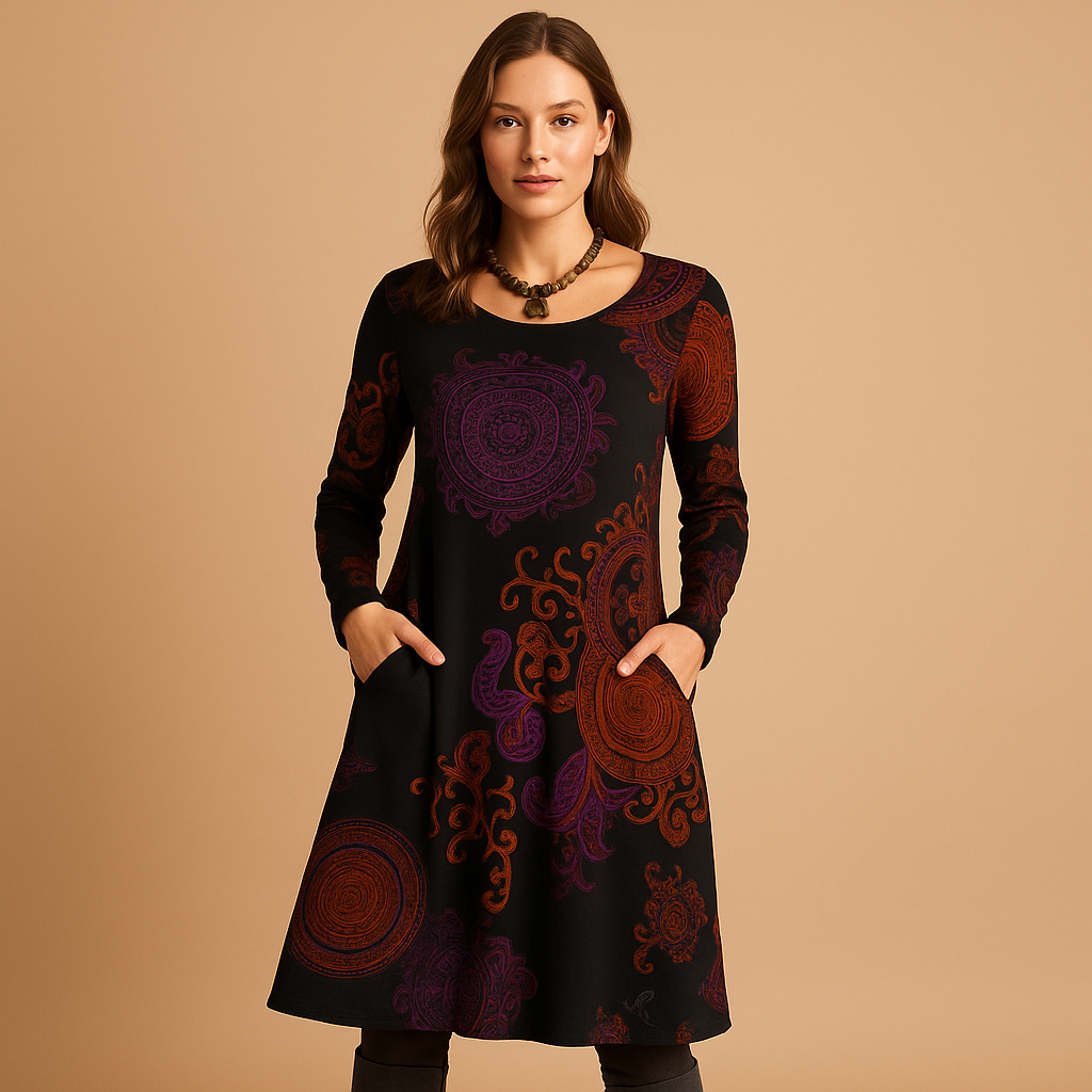 Bohemian maxi-jurk voor dames met lange mouwen en zakken in rood, zwart, blauw of groen – perfect voor casual of avondlooks.