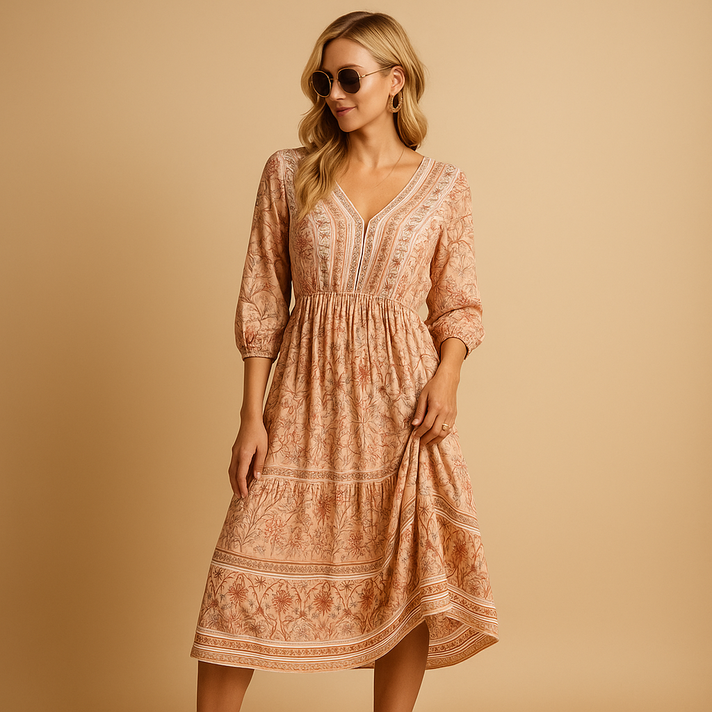 Bohemian zomerjurk voor dames met losvallende pasvorm en fijne patronen, ideaal voor festivals, stranddagen en zomerse uitjes