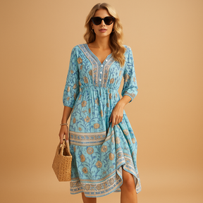 Bohemian zomerjurk voor dames met losvallende pasvorm en fijne patronen, ideaal voor festivals, stranddagen en zomerse uitjes