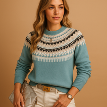 Gebreide boho damestrui met ronde hals en lange mouwen, gemaakt van ademend katoenmengsel. Perfect voor casual outfits en bohemian looks.