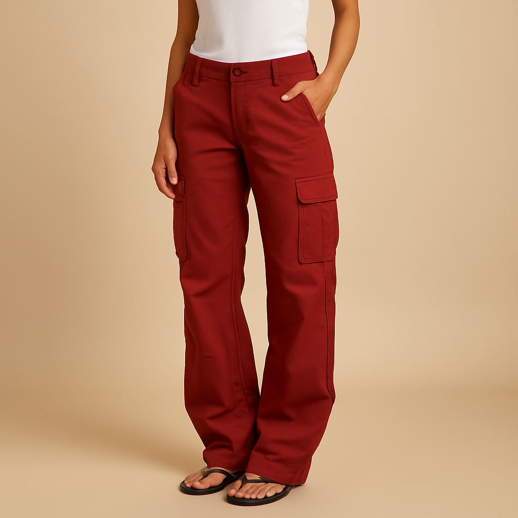 Dames cargo broek in rood en groen met ruime zakken, perfect voor casual outfits met praktische flair.