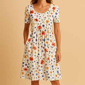 Casual damesjurk van ademend katoen met bloemenprint en flatterende pasvorm, ideaal voor warme dagen en diverse gelegenheden.