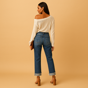 Comfortabele damesjeans met onregelmatige tailleband en relaxed fit, perfect voor casual en dagelijkse outfits.