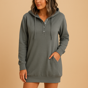 Casual hoodie-jurk voor dames in effen kleur met losse pasvorm, perfect voor streetwear, reizen en dagelijkse outfits.