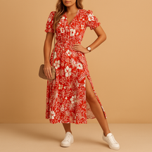 Casual maxi-jurk voor dames met V-hals, lange rok met split en opvallende print, ideaal voor zomerse gelegenheden