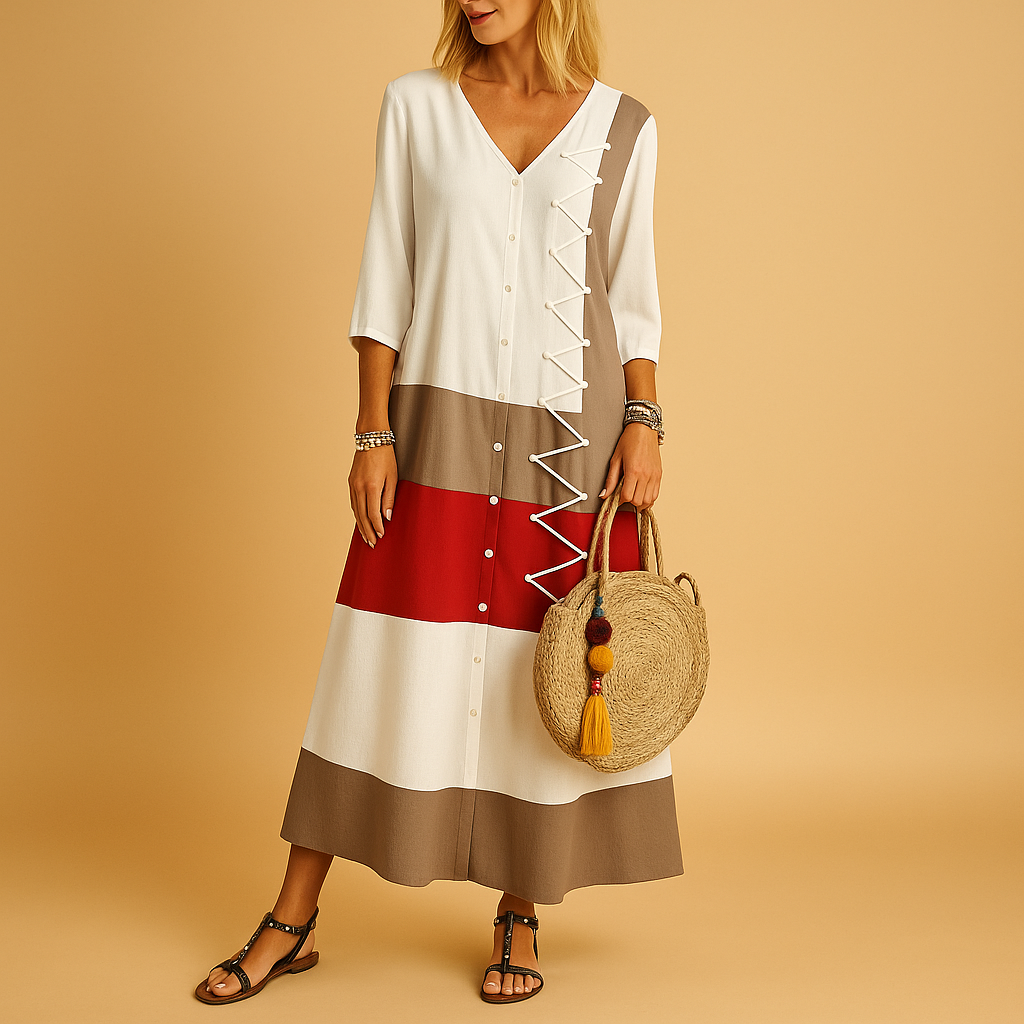 Casual midi jurk voor dames met zig-zag stiksels, middellange mouwen en knoopsluiting, ideaal voor een comfortabele dagelijkse look