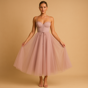 Chiffon maxi-jurk voor dames met tule-overlay, ronde hals en elegante uitstraling, perfect voor bruiloften en formele gelegenheden.