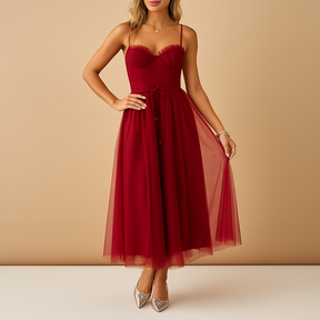 Chiffon maxi-jurk voor dames met tule-overlay, ronde hals en elegante uitstraling, perfect voor bruiloften en formele gelegenheden.