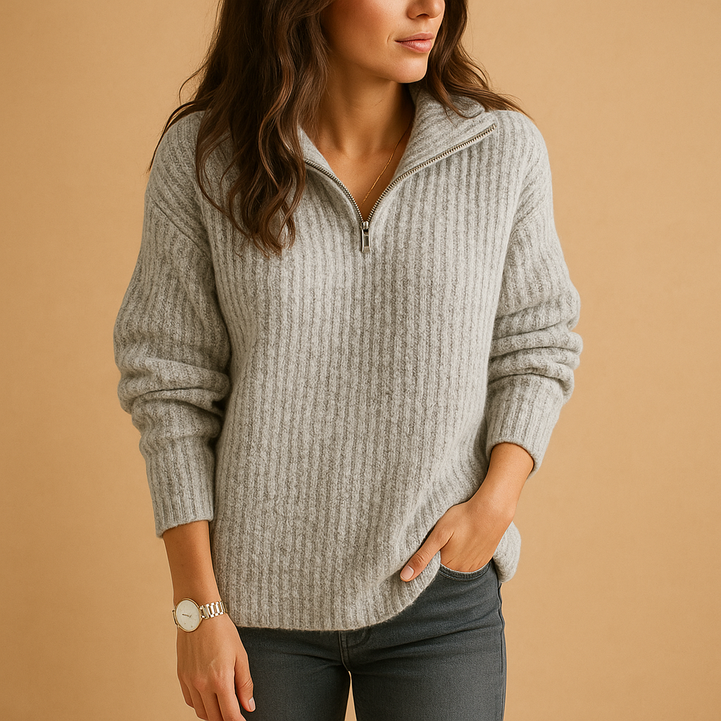 Chique damestrui met halve rits en licht getailleerde pasvorm, ideaal voor casual en nette outfits in elk seizoen.