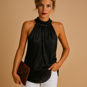 Dames top met kanten halsdetail in zilver, zwart of goud, ideaal voor feestelijke of stijlvolle casual gelegenheden