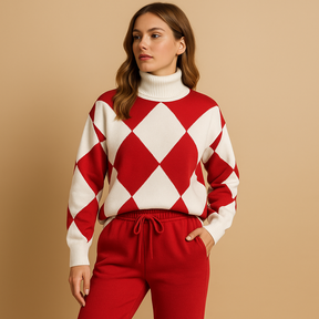 Comfortabel damespak met trui en joggingbroek in ademende stof, ideaal als huispak of casual outfit voor buiten.