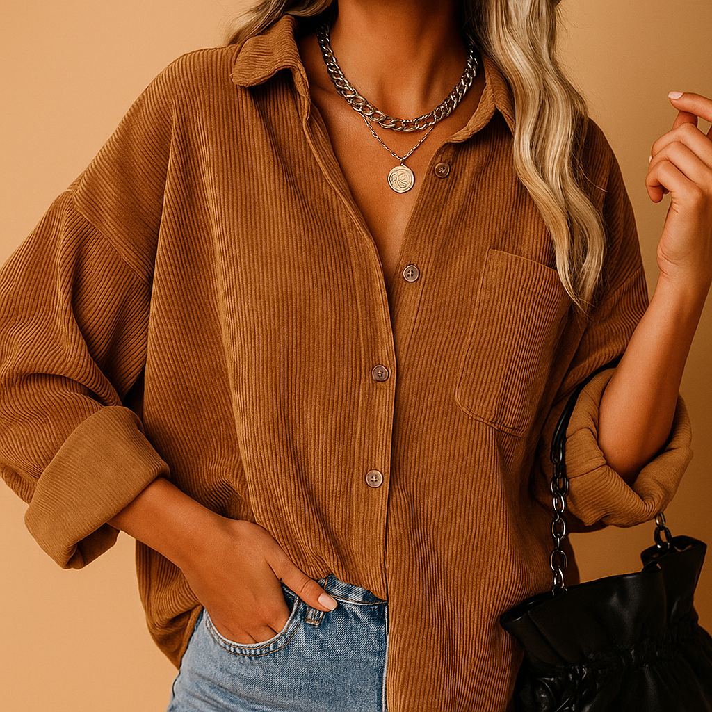Corduroy gebreid jack voor dames met geribde accenten in aardse seizoenskleuren. Comfortabel, warm en stijlvol voor elk seizoen.