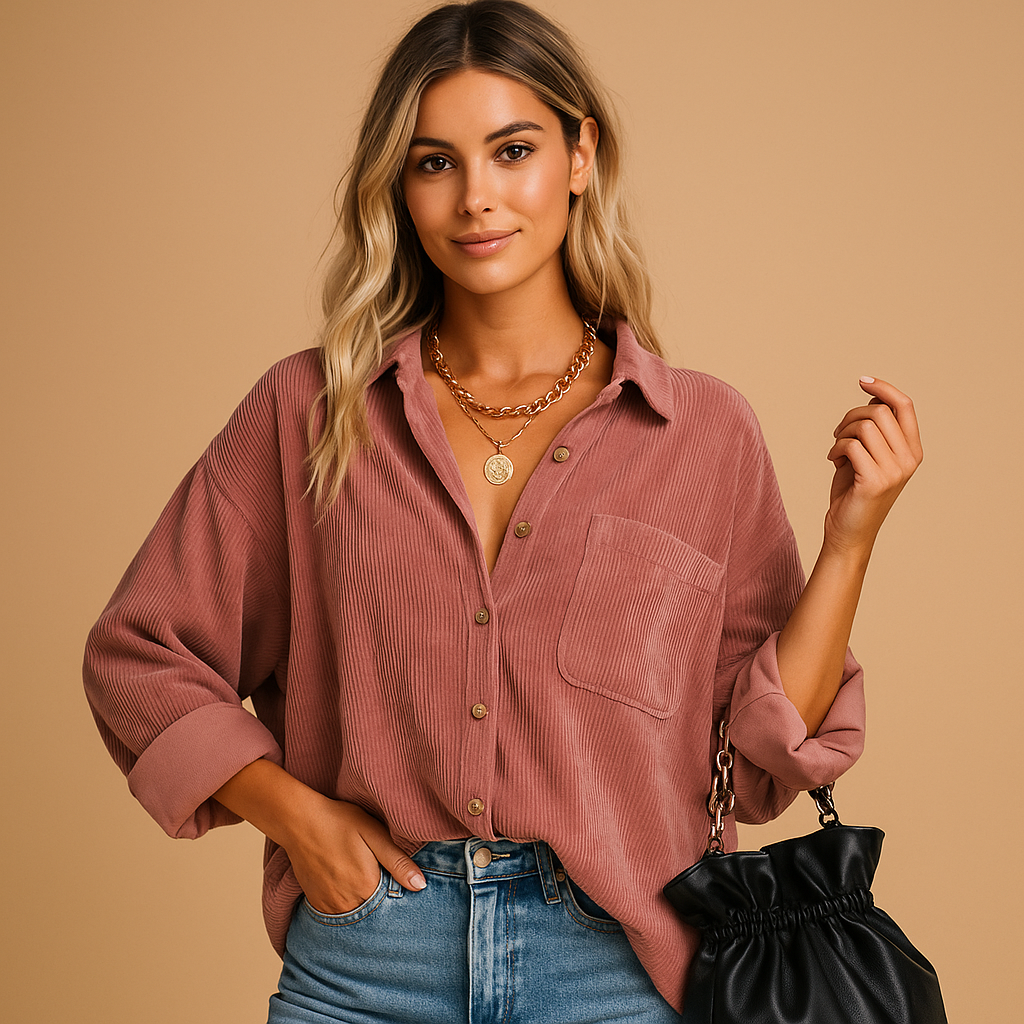 Corduroy gebreid jack voor dames met geribde accenten in aardse seizoenskleuren. Comfortabel, warm en stijlvol voor elk seizoen.