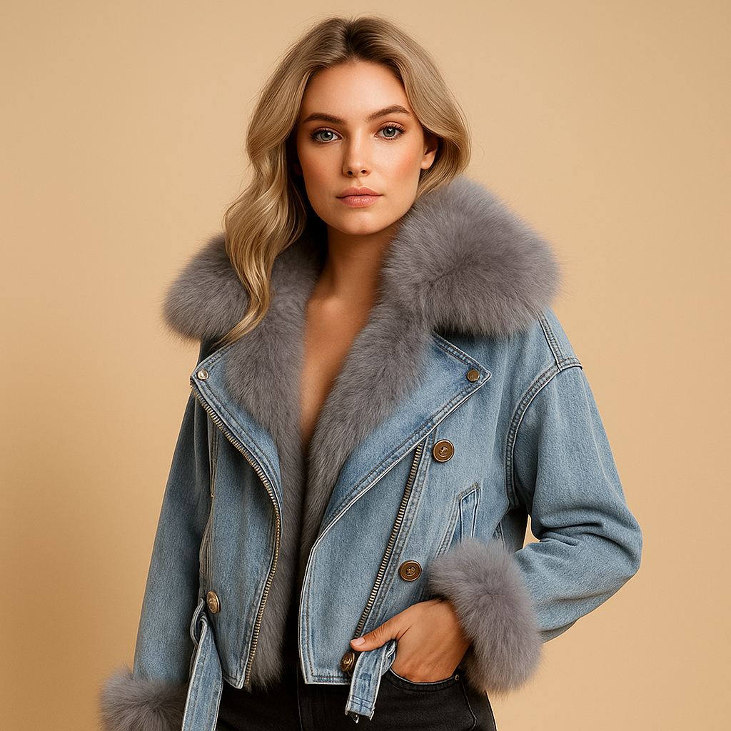 Cropped denim winterjas voor dames met imitatiebontvoering, warme pasvorm en stoere uitstraling. Perfect voor koud weer en dagelijks gebruik.