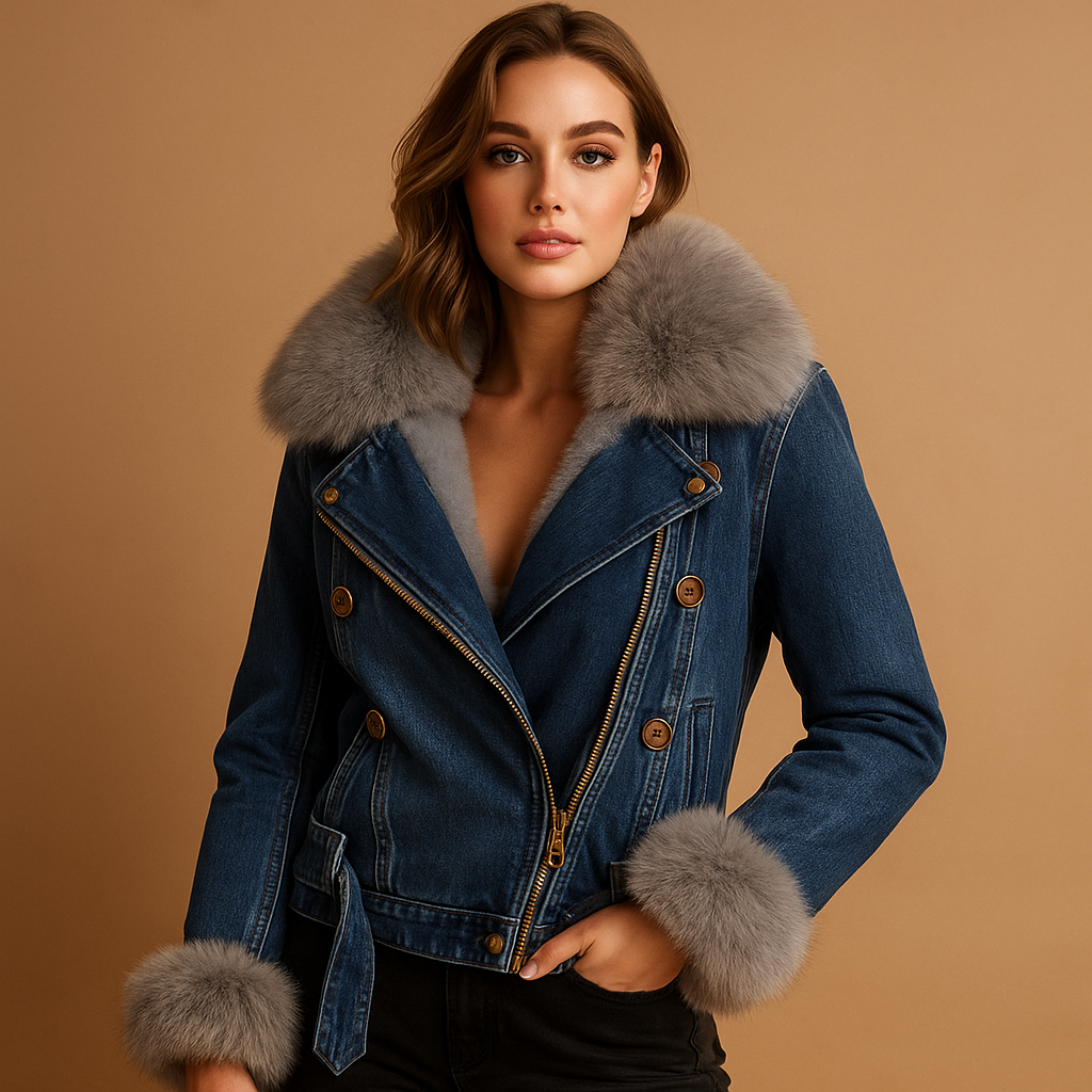 Cropped denim winterjas voor dames met imitatiebontvoering, warme pasvorm en stoere uitstraling. Perfect voor koud weer en dagelijks gebruik.