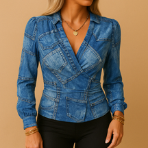 Dames top met lange mouwen en V-hals, gemaakt van zachte stretchstof voor een comfortabele en stijlvolle look in elk seizoen