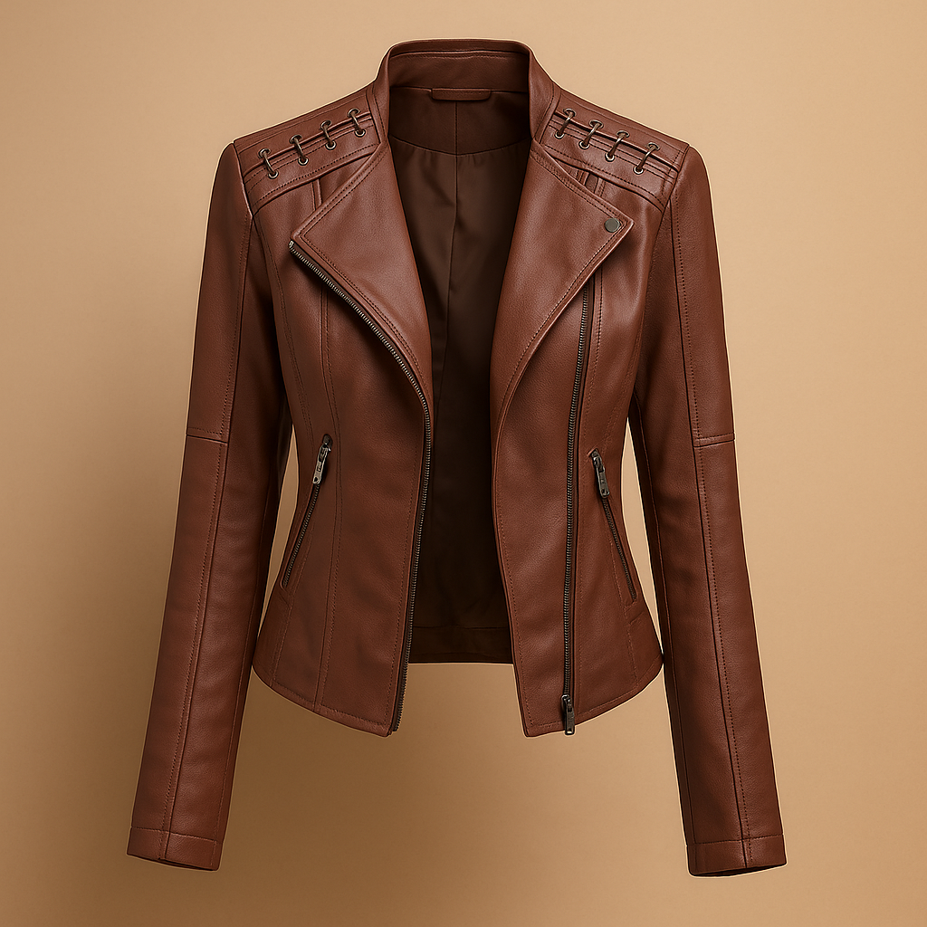 Stijlvol damesjack met opstaande kraag en zilverkleurige ritsdetails, ideaal voor casual en elegante voorjaars- en herfstlooks.