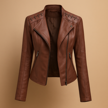Stijlvol damesjack met opstaande kraag en zilverkleurige ritsdetails, ideaal voor casual en elegante voorjaars- en herfstlooks.