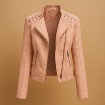 Stijlvol damesjack met opstaande kraag en zilverkleurige ritsdetails, ideaal voor casual en elegante voorjaars- en herfstlooks.