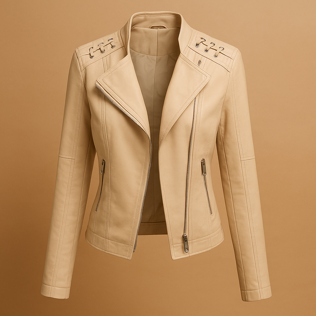 Stijlvol damesjack met opstaande kraag en zilverkleurige ritsdetails, ideaal voor casual en elegante voorjaars- en herfstlooks.