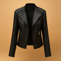 Stijlvol damesjack met opstaande kraag en zilverkleurige ritsdetails, ideaal voor casual en elegante voorjaars- en herfstlooks.