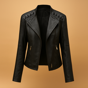 Stijlvol damesjack met opstaande kraag en zilverkleurige ritsdetails, ideaal voor casual en elegante voorjaars- en herfstlooks.