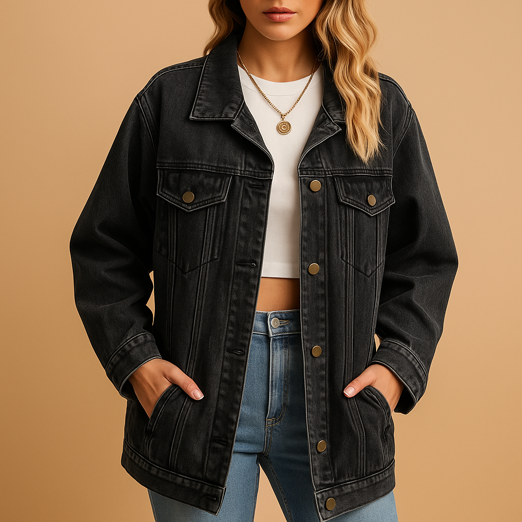 Denim winterjack voor dames in klassiek blauw met knoopsluiting en slanke pasvorm. Ideaal voor dagelijks gebruik, feestelijke avonden en koude winterdagen.