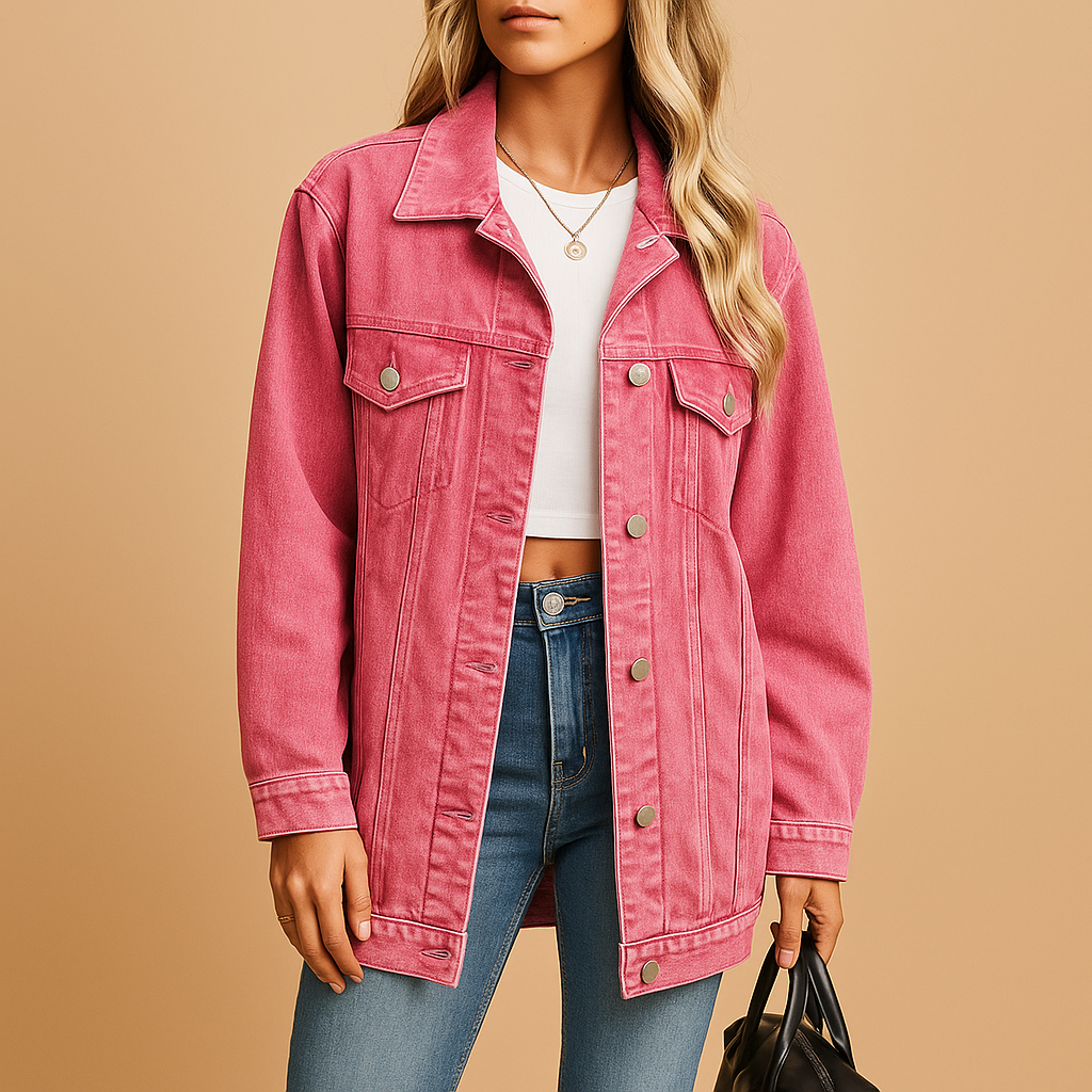 Denim winterjack voor dames in klassiek blauw met knoopsluiting en slanke pasvorm. Ideaal voor dagelijks gebruik, feestelijke avonden en koude winterdagen.