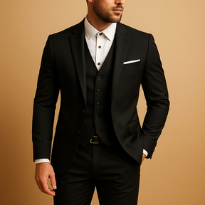 Stijlvol drieledig slim fit herenpak met blazer en broek in zwart, marine of grijs – perfect voor bruiloften en formele gelegenheden.