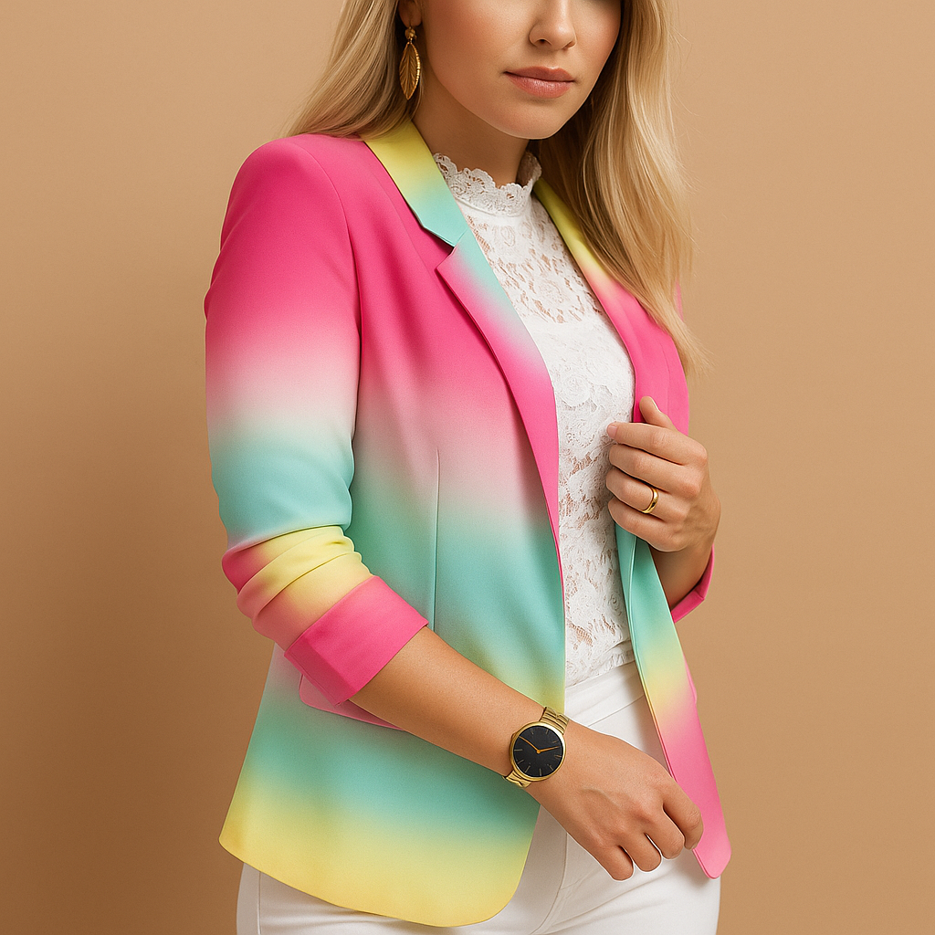 Elegante damesblazer met shawlkraag en opvallende print, geschikt voor zowel zakelijke als casual gelegenheden.