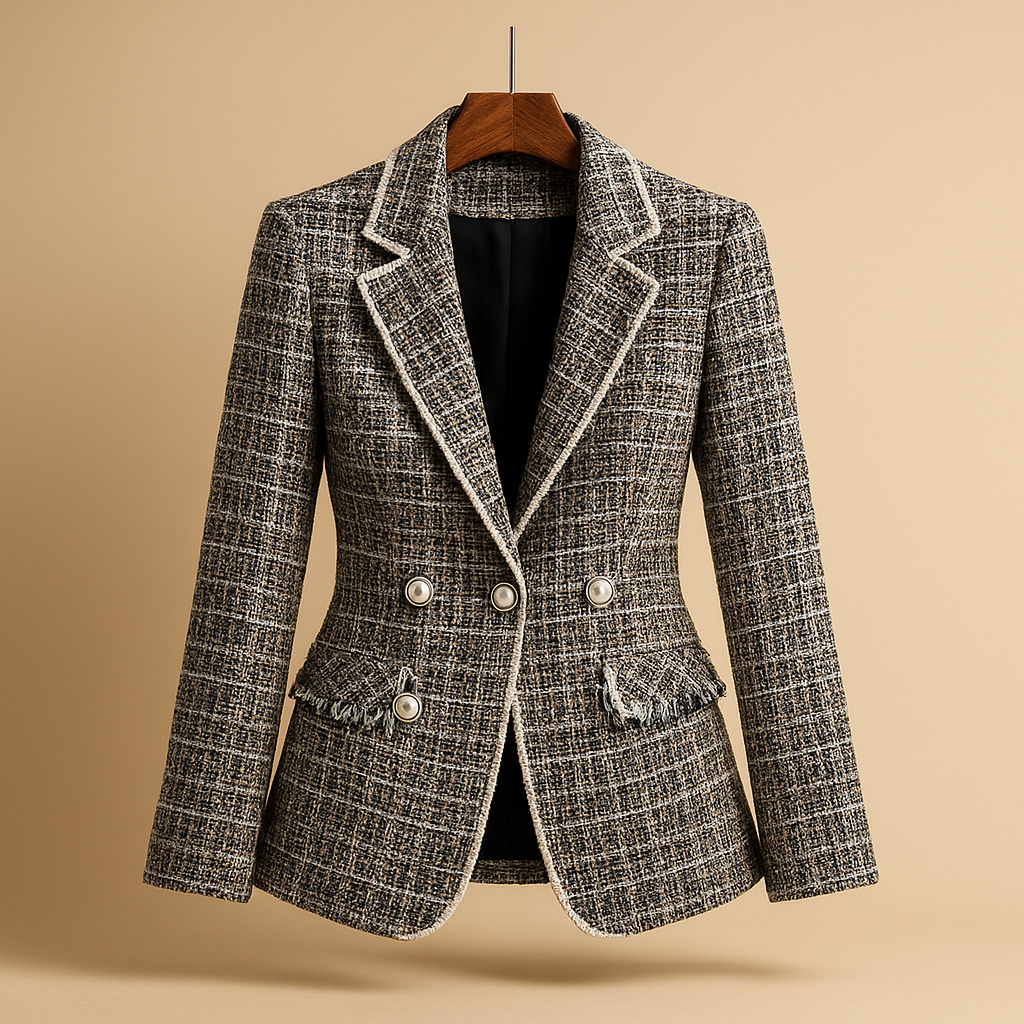 Elegante damesblazer met klassieke pasvorm, ideaal voor werk, zakelijke bijeenkomsten of formele gelegenheden.