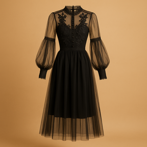 Elegante dames bloemenjurk met opstaande kraag, hoge taille en lantaarnmouwen, perfect voor formele en casual gelegenheden.