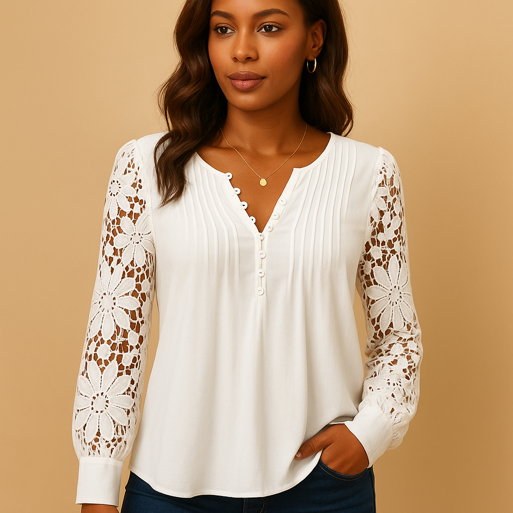 Elegante damesblouse met V-hals en kanten details in wit en zwart, geschikt voor formele en dagelijkse outfits.