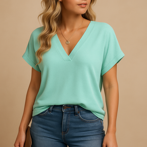 Dames blouse met V-hals en korte pofmouwen, luchtig en comfortabel ontwerp geschikt voor werk en vrije tijd