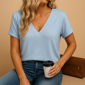 Dames blouse met V-hals en korte pofmouwen, luchtig en comfortabel ontwerp geschikt voor werk en vrije tijd