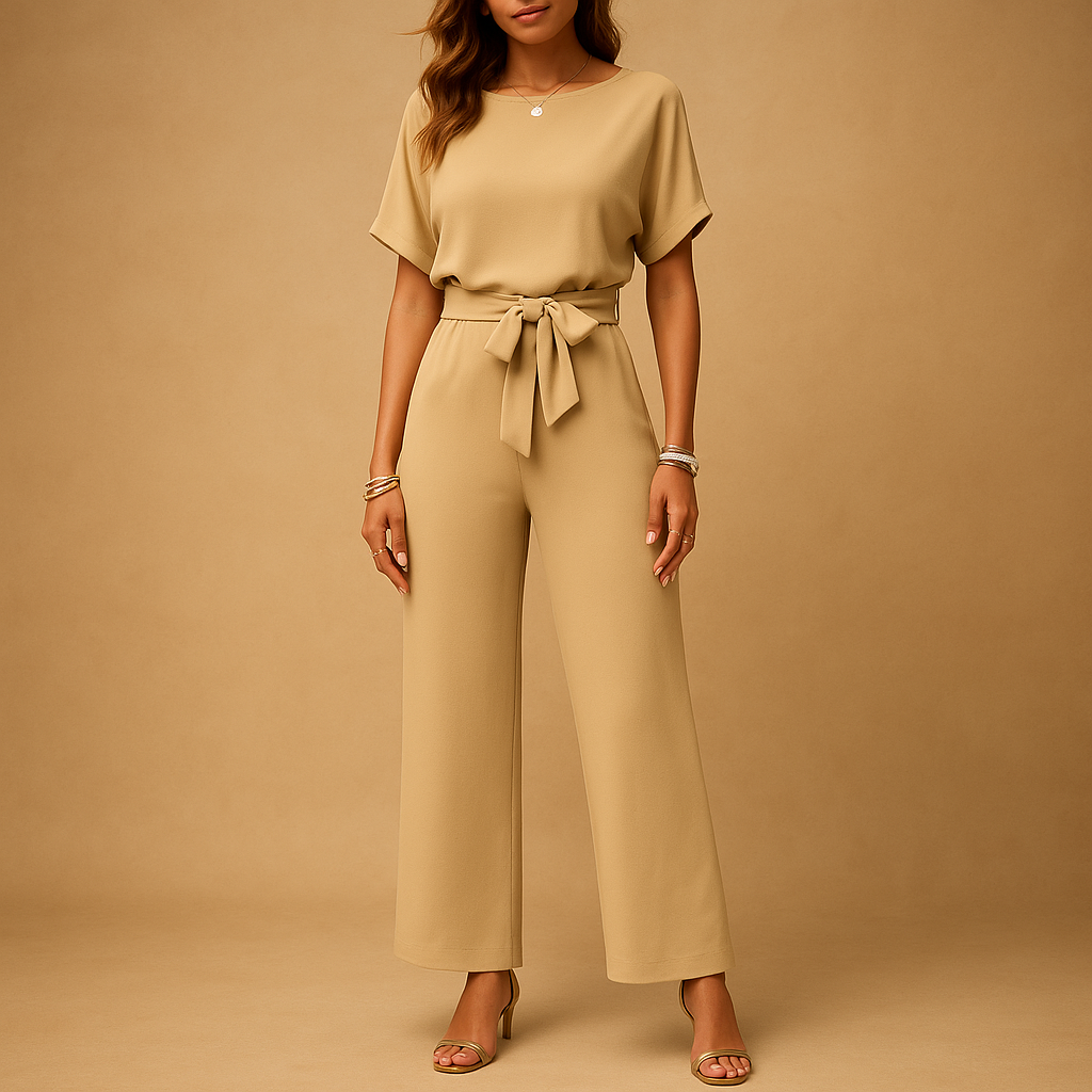 Chique dames jumpsuit in zwart, beige of groen met getailleerde pasvorm en losvallende mouwen, ideaal voor formele en stijlvolle gelegenheden.